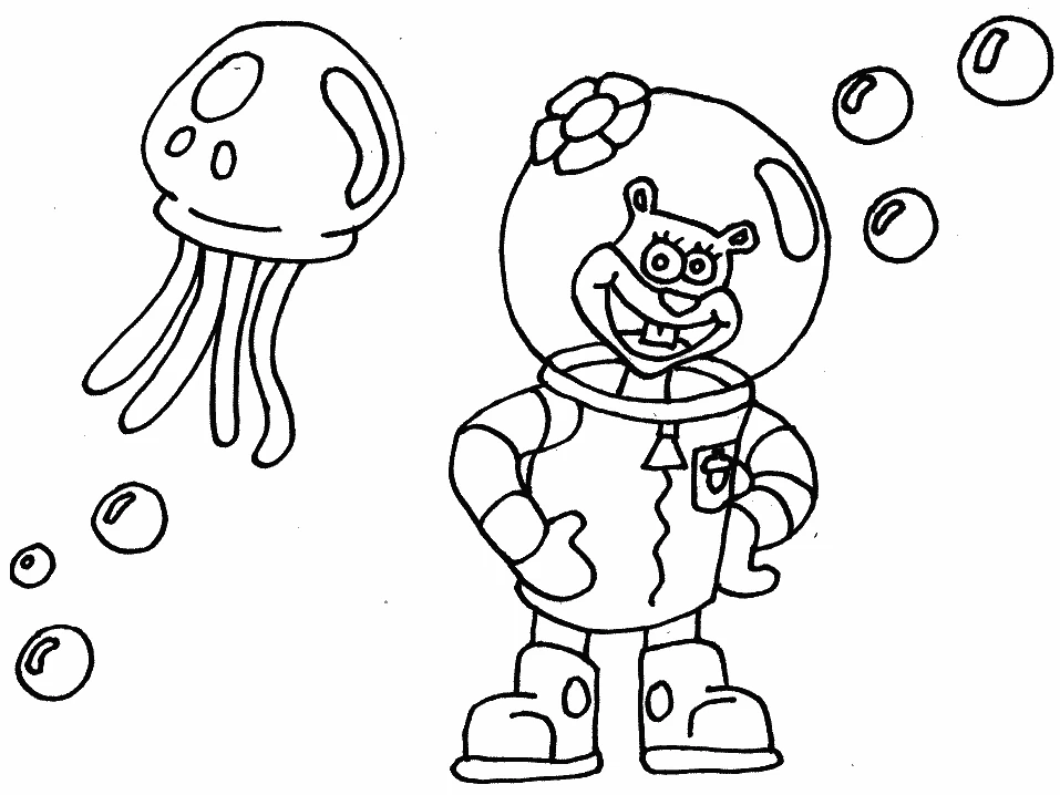 Disegno Sandy Cheeks con una medusa sott'acqua da colorare Disegno Sandy Cheeks con una medusa sott'acqua da colorare