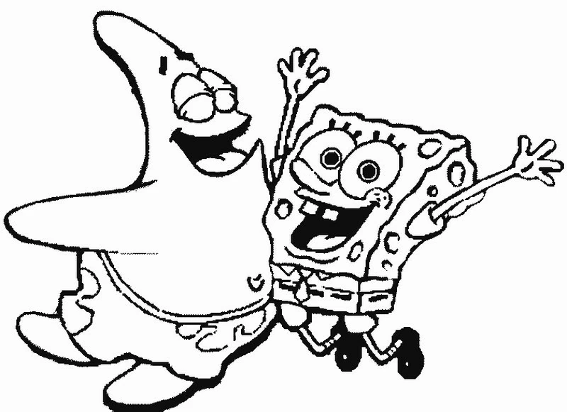 Disegno SpongeBob SquarePants e Patrick che saltano felici da colorare