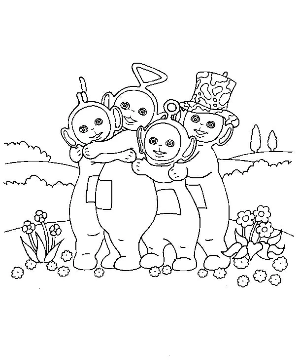 Disegno Teletubbies abbracciati in un campo da colorare Disegno Teletubbies abbracciati in un campo da colorare