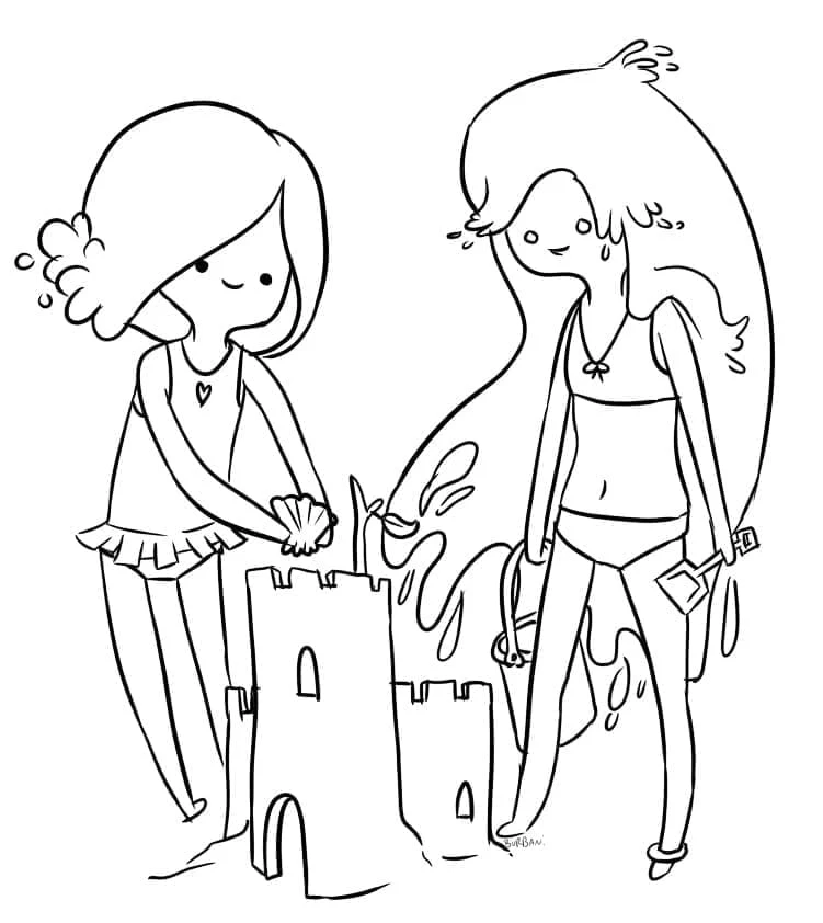 Disegno Fionna e Marceline costruiscono un castello di sabbia da colorare Disegno Fionna e Marceline costruiscono un castello di sabbia da colorare