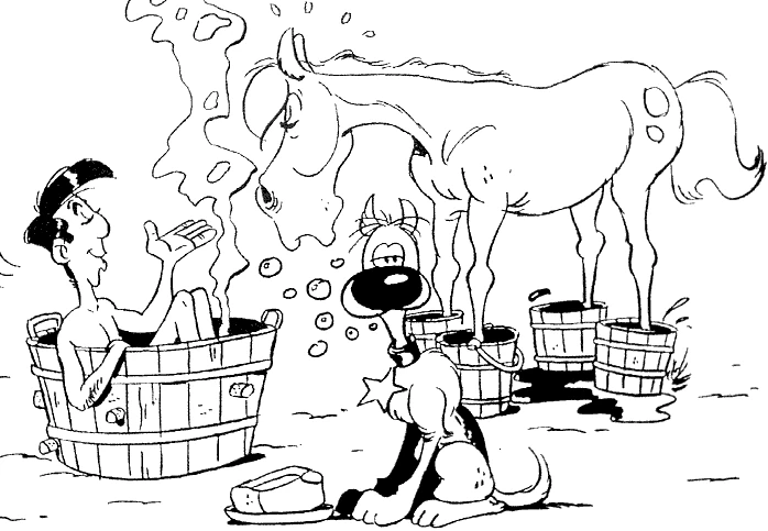 Disegno The Daltons personaggio nel bagno vicino a un cavallo e un cane da colorare