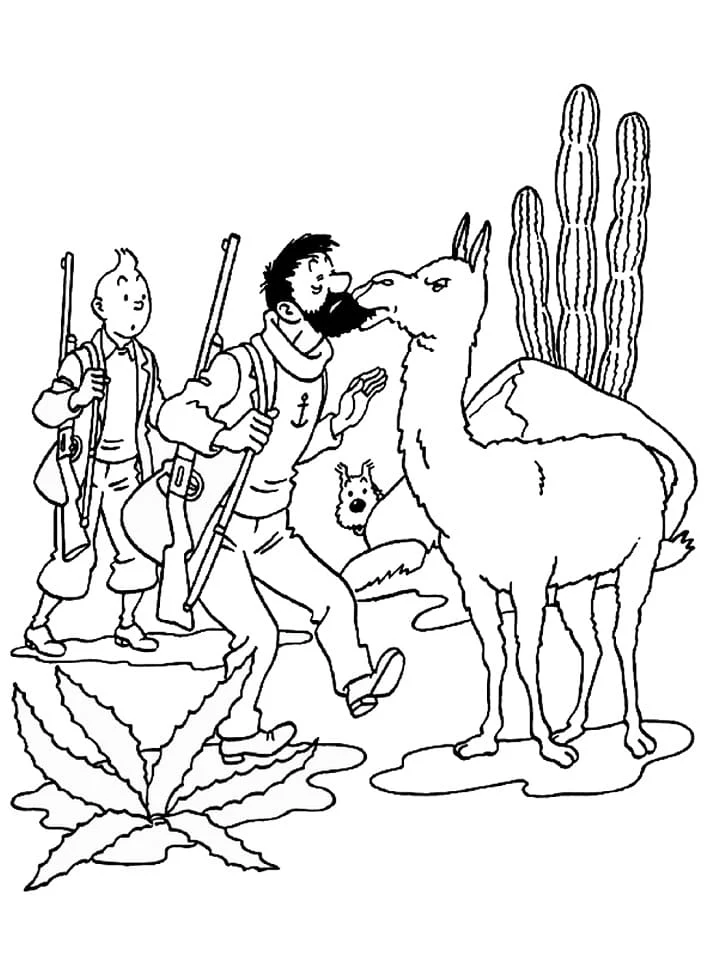 Disegno Tintin e Capitano Haddock davanti a un lama da colorare