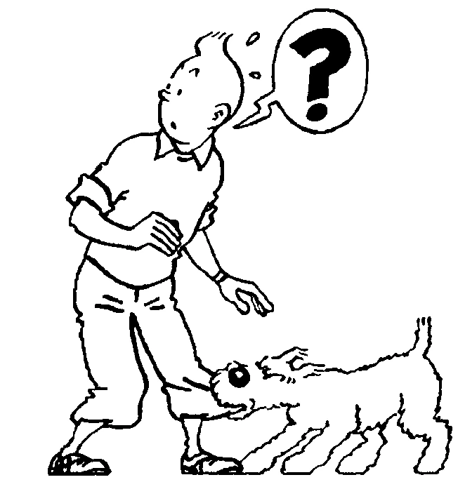 Disegno Tintin confuso con Milu che tira i pantaloni da colorare