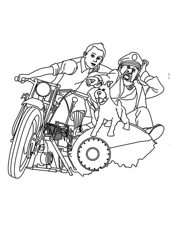 Disegno Tintin in moto con Milù e il capitano Haddock da colorare Disegno Tintin in moto con Milù e il capitano Haddock da colorare