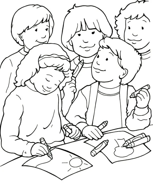 Disegno Amici che disegnano insieme a scuola da colorare