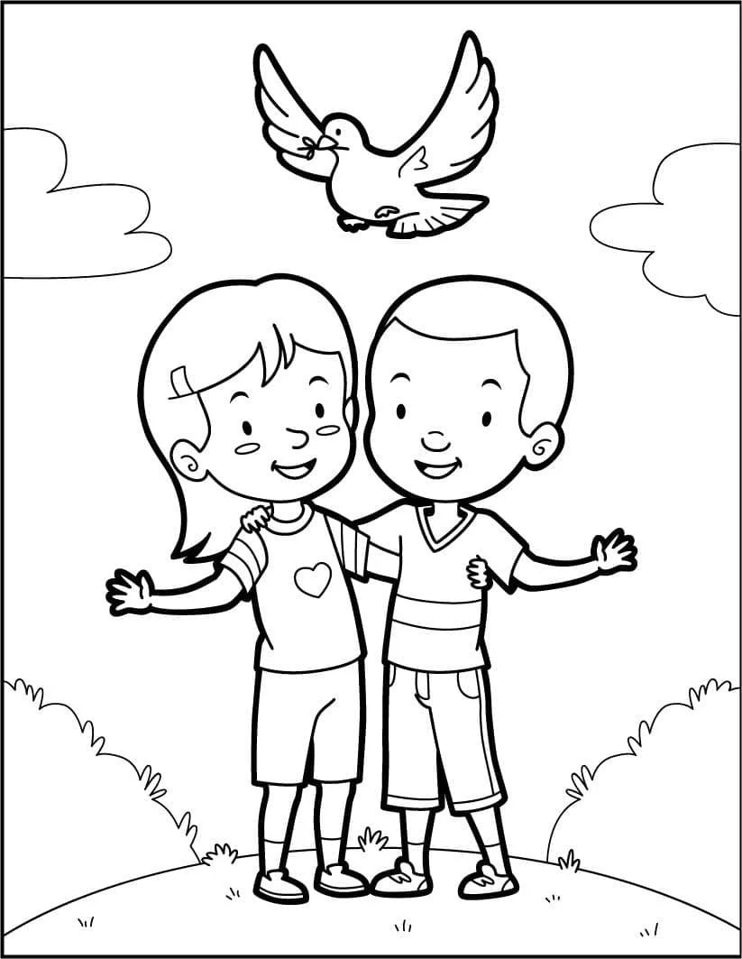 Disegno Due amici abbracciati con una colomba in volo da colorare Disegno Due amici abbracciati con una colomba in volo da colorare