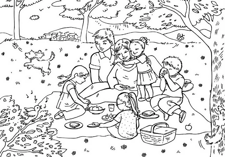 Disegno Famiglia in picnic sotto gli alberi da colorare