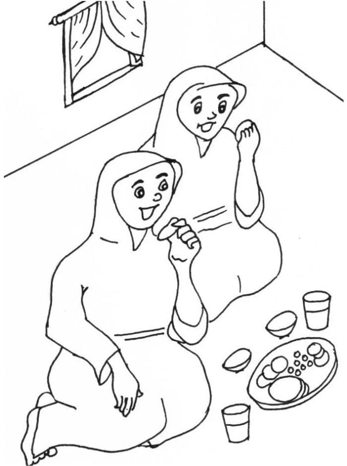 Disegno Due bambine che condividono un pasto festivo da colorare Disegno Due bambine che condividono un pasto festivo da colorare