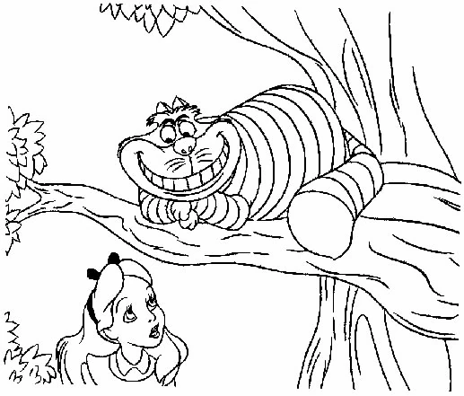 Disegno Alice e lo stregatto su un ramo da colorare