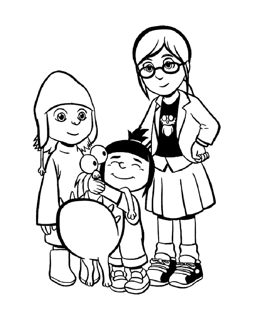 Disegno Despicable Me le bambine e il peluche unicorno da colorare Disegno Despicable Me le bambine e il peluche unicorno da colorare