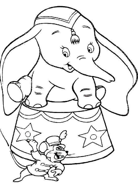 Disegno Dumbo seduto sul suo podio da circo da colorare