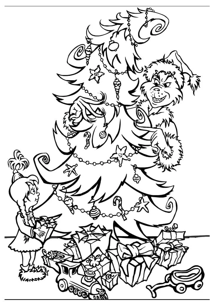 Disegno Grinch dietro l'albero di Natale con Cindy Lou Who da colorare Disegno Grinch dietro l'albero di Natale con Cindy Lou Who da colorare
