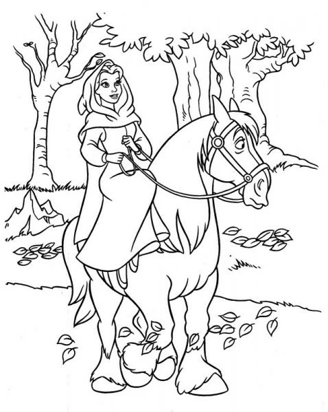 Disegno La Bella a cavallo nella foresta da colorare