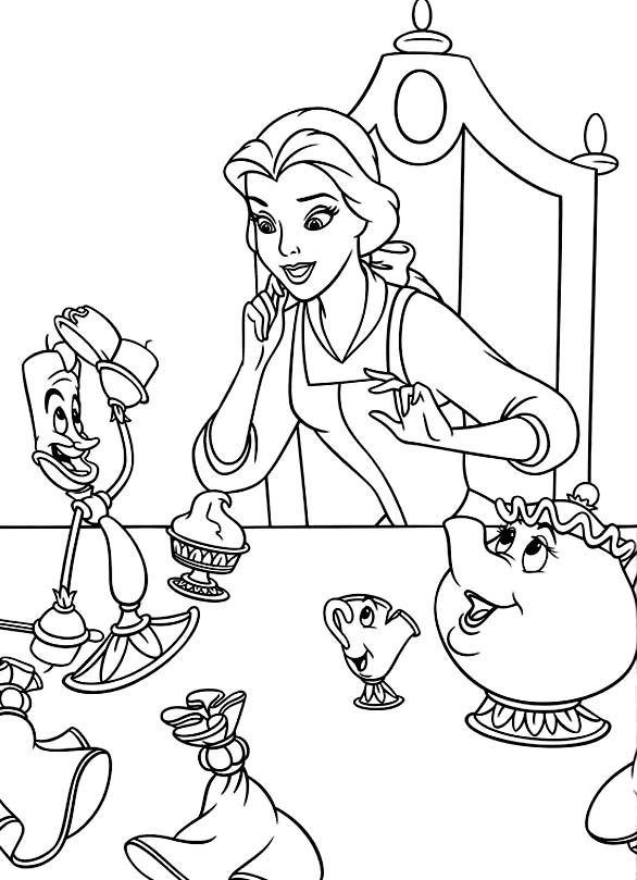 Disegno La Bella e la Bestia: Bella a tavola con Lumiere e Mrs Bric da colorare