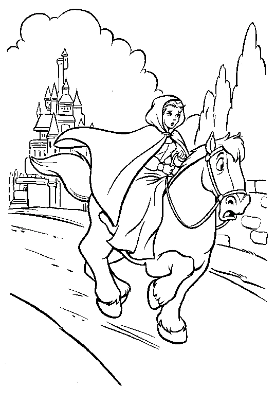 Disegno Bella a cavallo vicino al castello da colorare