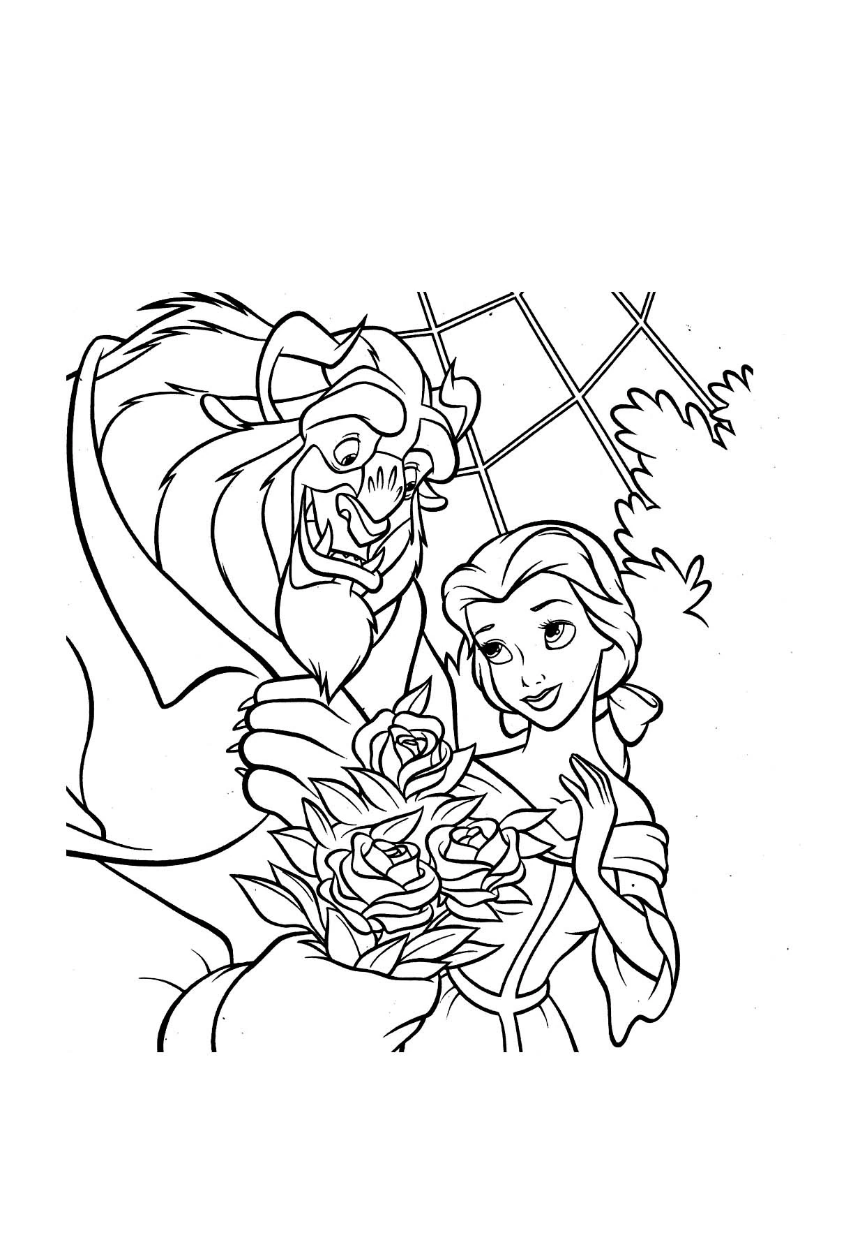 Disegno La Bella e la Bestia con un mazzo di rose da colorare