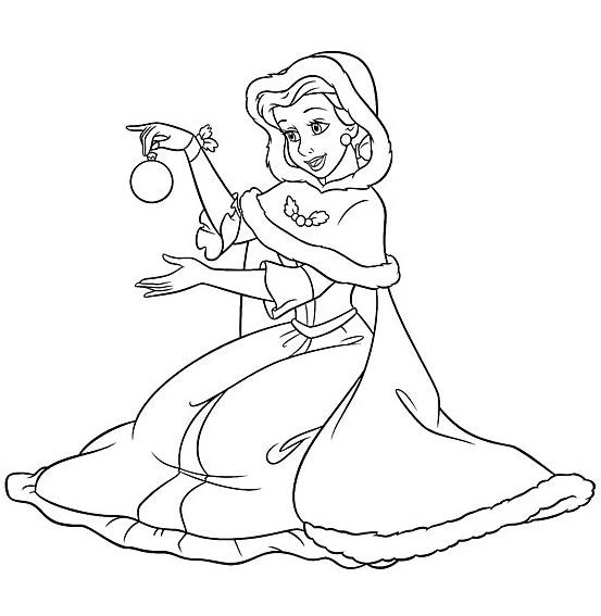 Disegno Belle con in mano una pallina di Natale da colorare