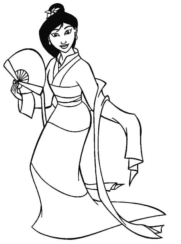 Disegno Mulan con ventaglio in kimono da colorare Disegno Mulan con ventaglio in kimono da colorare