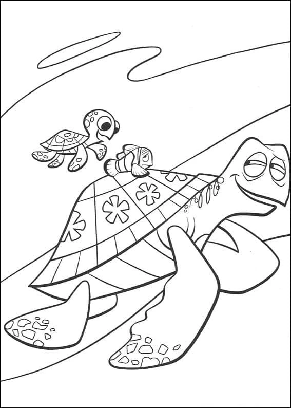 Disegno Nemo che viaggia con le tartarughe nella corrente marina da colorare