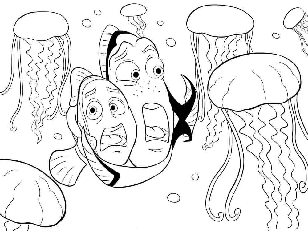 Disegno Nemo e Marlin spaventati tra le meduse da colorare
