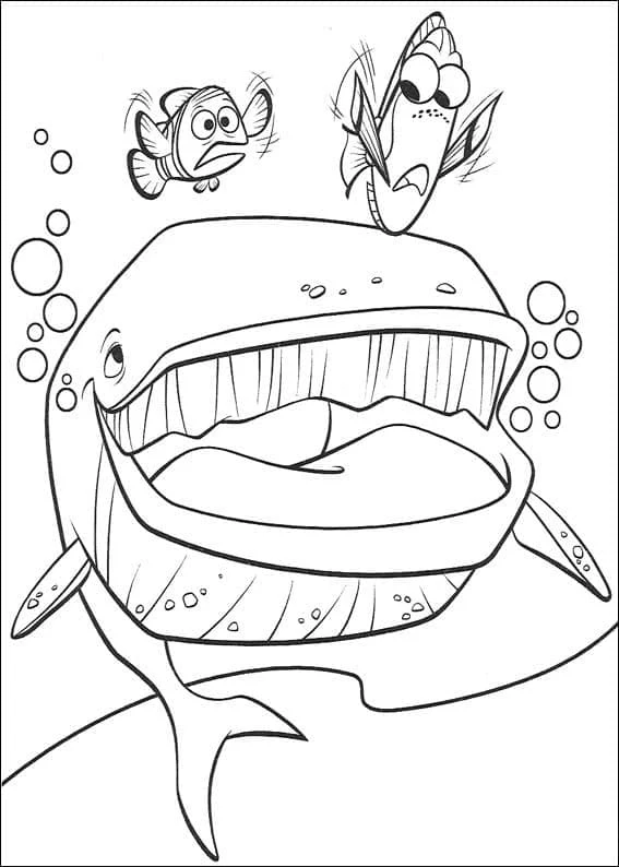 Disegno Nemo e Dory vicino alla bocca aperta di una balena da colorare