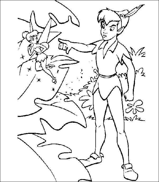 Disegno Peter Pan che indica con Trilly che vola vicino da colorare Disegno Peter Pan che indica con Trilly che vola vicino da colorare