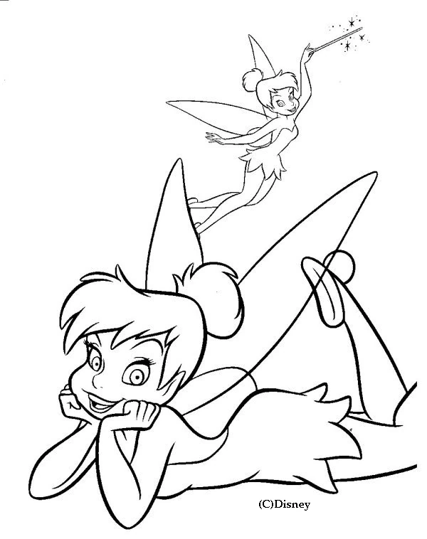 Disegno Peter Pan con la fatina sdraiata e un'altra fata che vola da colorare Disegno Peter Pan con la fatina sdraiata e un'altra fata che vola da colorare