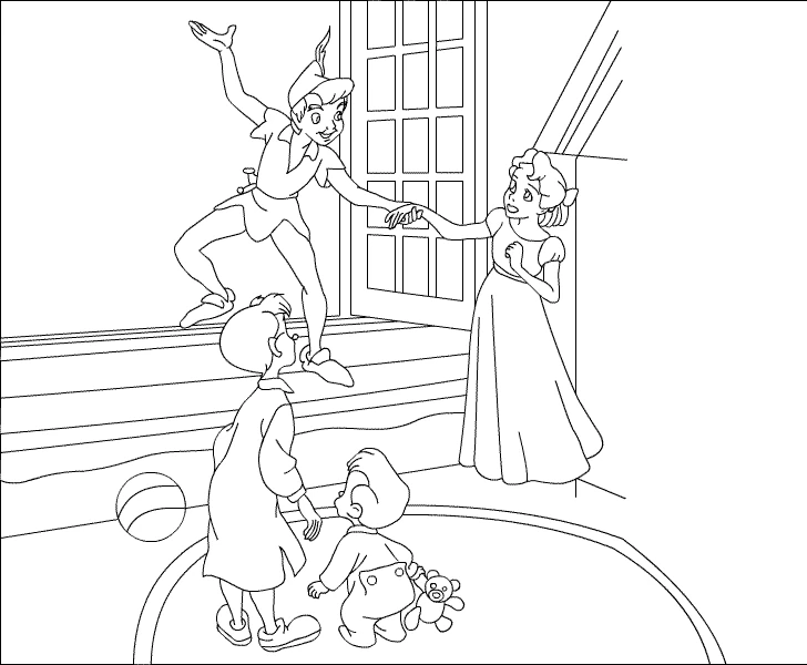 Disegno Peter Pan che vola vicino alla finestra con Wendy e i bambini da colorare Disegno Peter Pan che vola vicino alla finestra con Wendy e i bambini da colorare