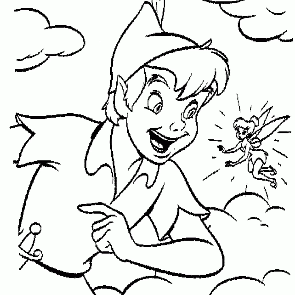 Disegno Peter Pan che indica accanto a Trilly da colorare