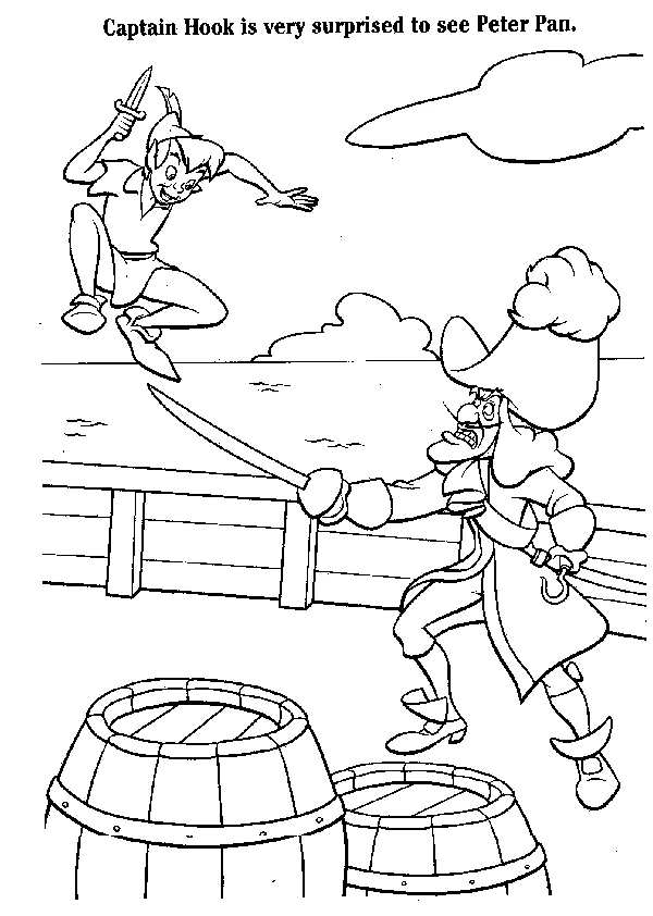 Disegno Peter Pan combatte Capitan Gancio sul ponte della nave da colorare Disegno Peter Pan combatte Capitan Gancio sul ponte della nave da colorare