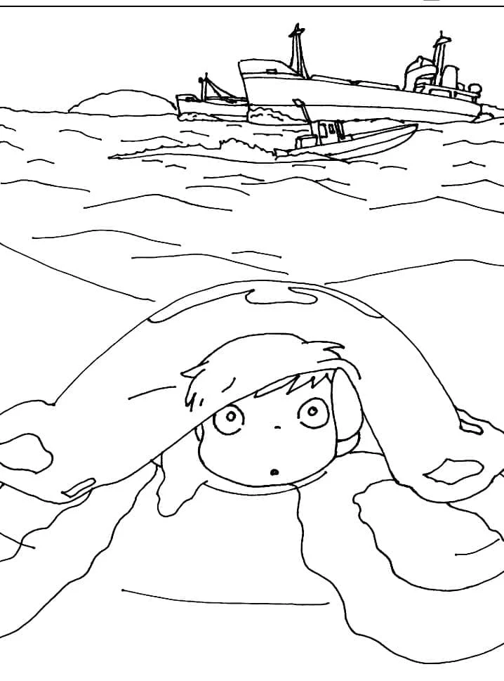 Disegno Ponyo che emerge dalle onde vicino a una barca da colorare