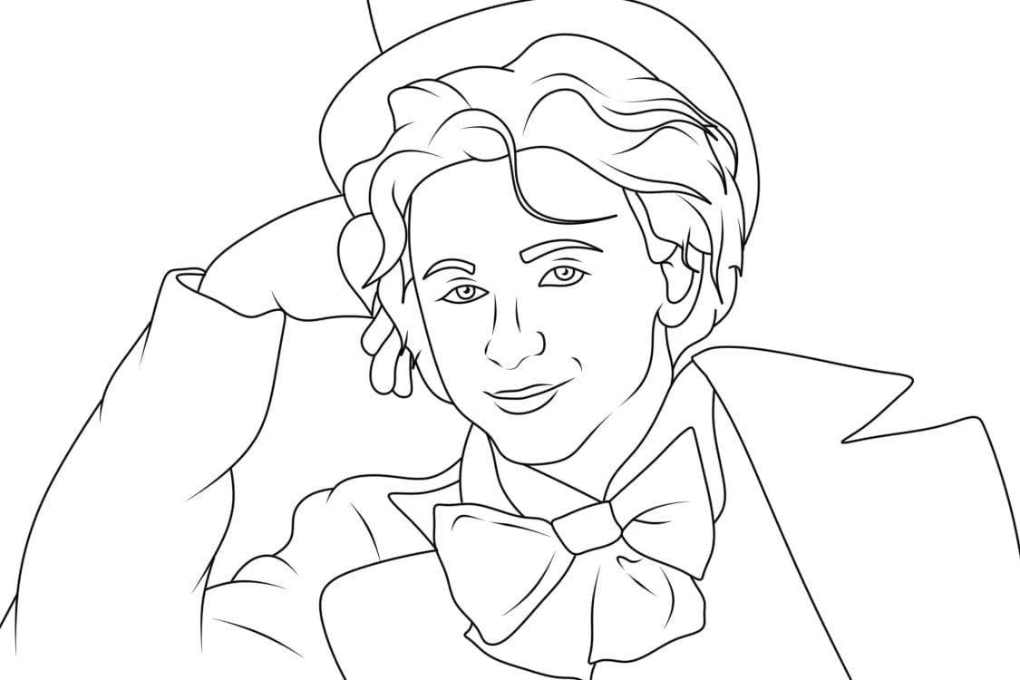 Disegno Willy Wonka sorridente con il suo cappello da colorare Disegno Willy Wonka sorridente con il suo cappello da colorare