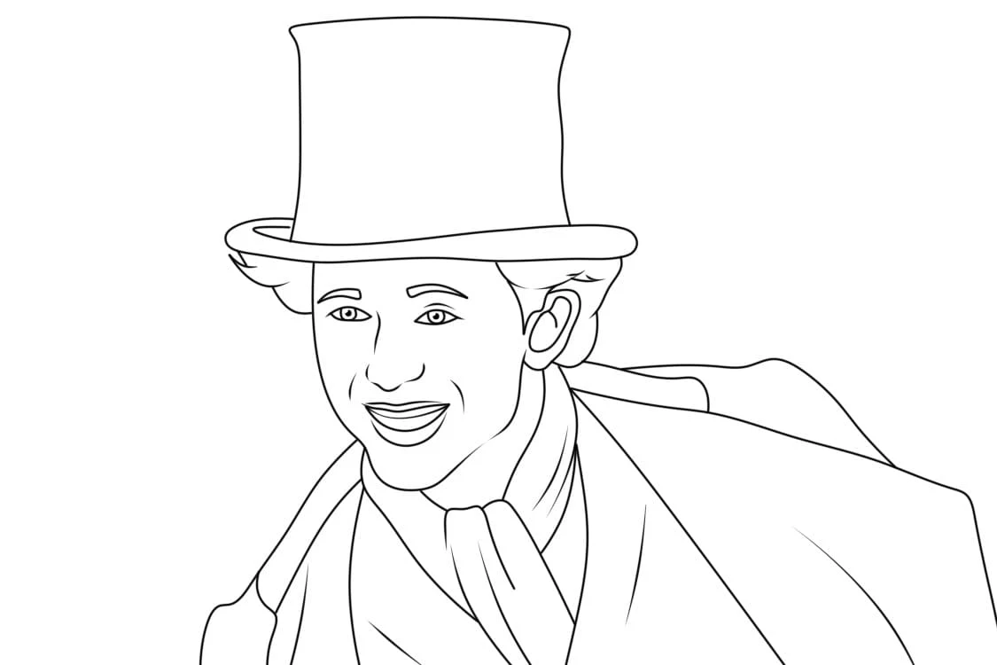Disegno Willy Wonka sorridente con il suo cilindro da colorare Disegno Willy Wonka sorridente con il suo cilindro da colorare