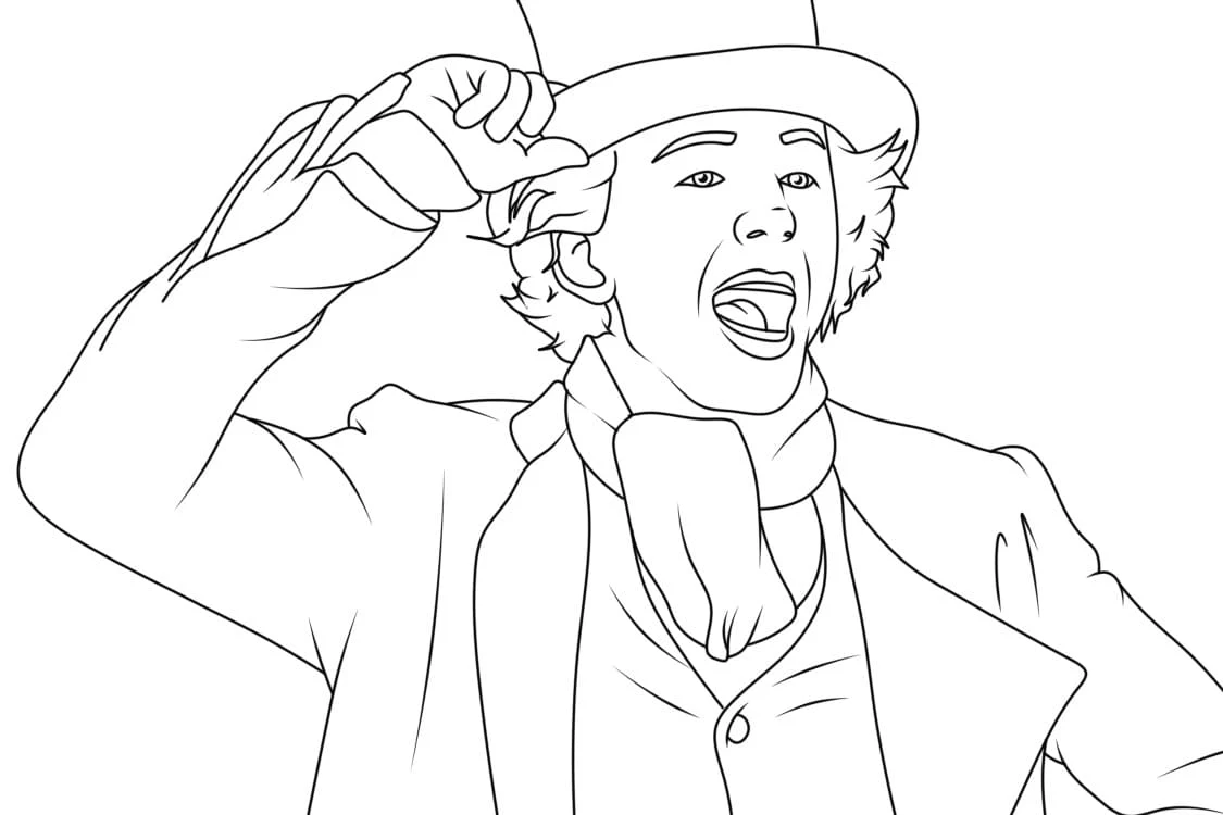 Disegno Wonka che alza il cappello con un grande sorriso da colorare