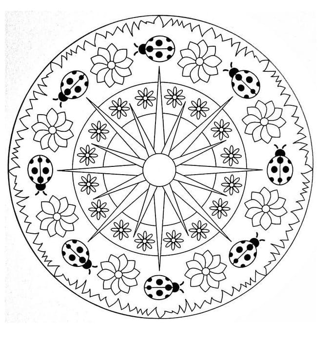 Disegno Mandala di primavera con coccinelle e fiori da colorare