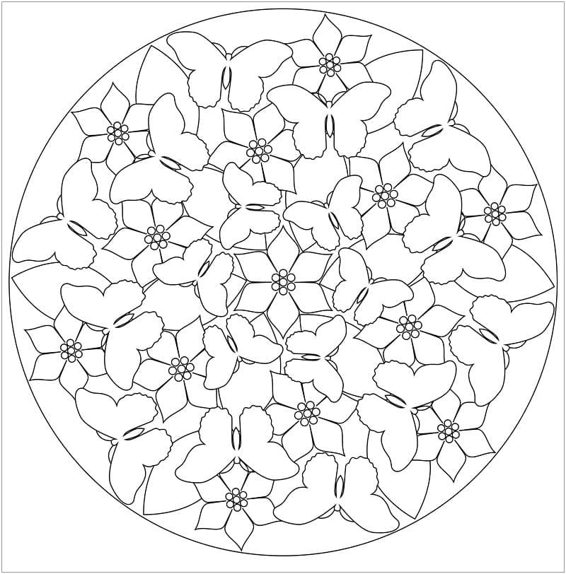 Disegno Mandala di primavera con farfalle e fiori da colorare