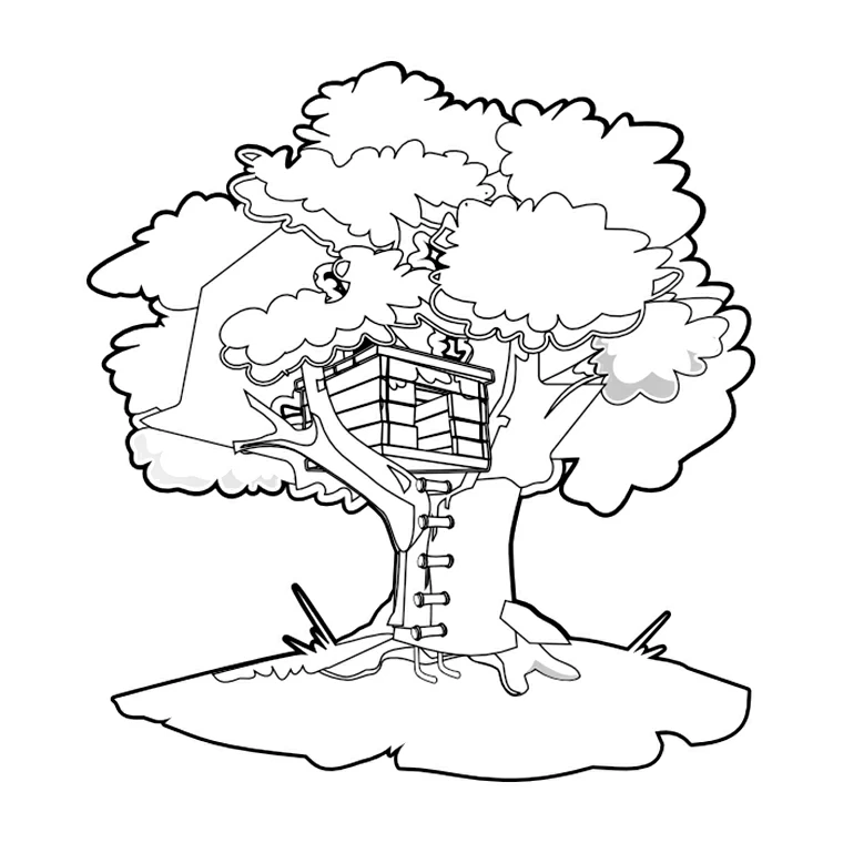 Disegno Albero con una capanna costruita tra i rami da colorare