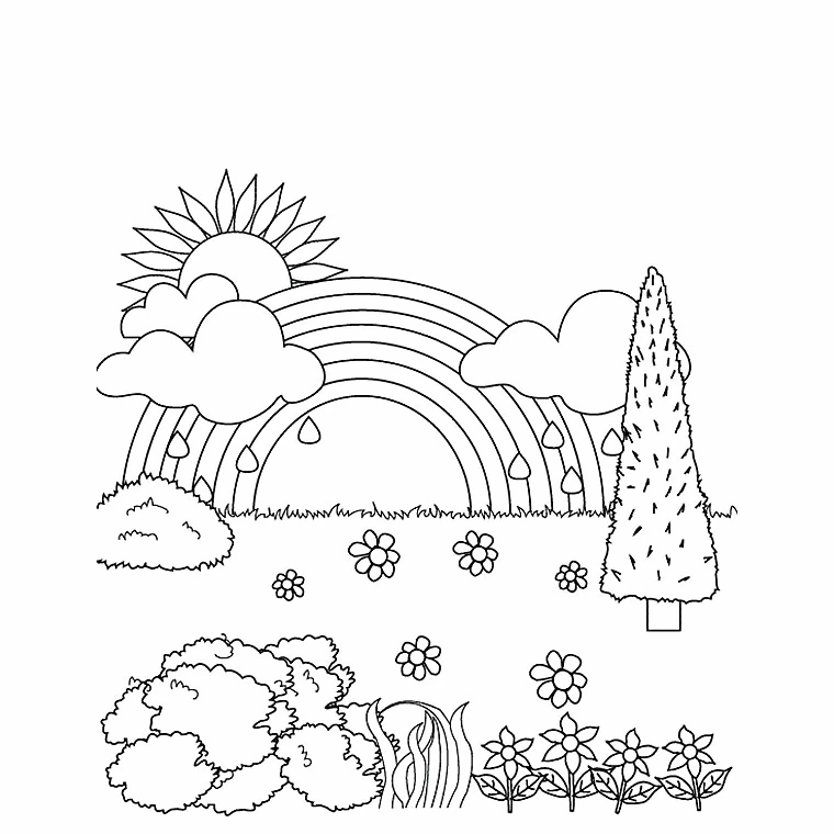Disegno Arcobaleno e sole dopo la pioggia da colorare