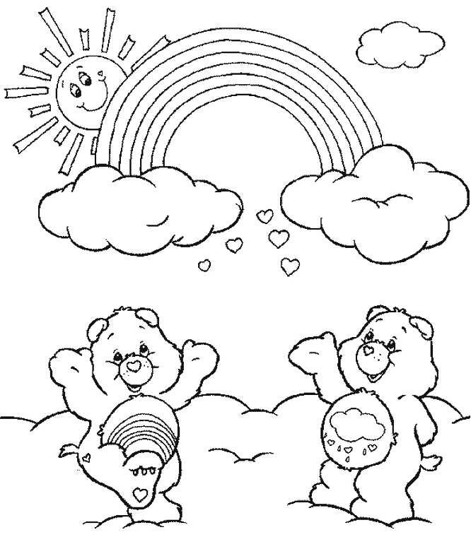 Disegno Orsetti del cuore sotto un arcobaleno con sole e nuvole da colorare