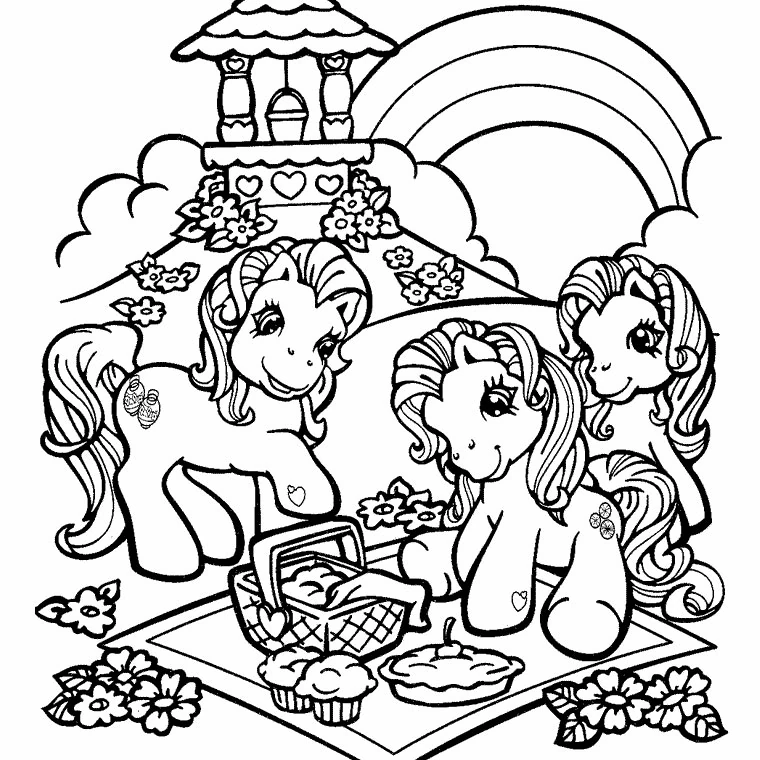 Disegno Pony in picnic sotto un arcobaleno da colorare Disegno Pony in picnic sotto un arcobaleno da colorare