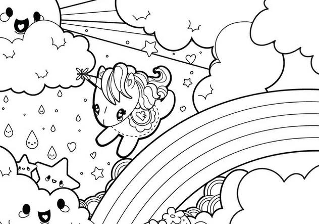 Disegno Arcobaleno con un unicorno kawaii e nuvole da colorare Disegno Arcobaleno con un unicorno kawaii e nuvole da colorare