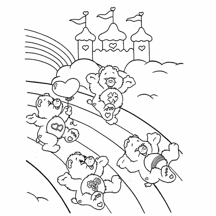 Disegno Orsetti del Cuore scivolano su un arcobaleno vicino a un castello da colorare Disegno Orsetti del Cuore scivolano su un arcobaleno vicino a un castello da colorare