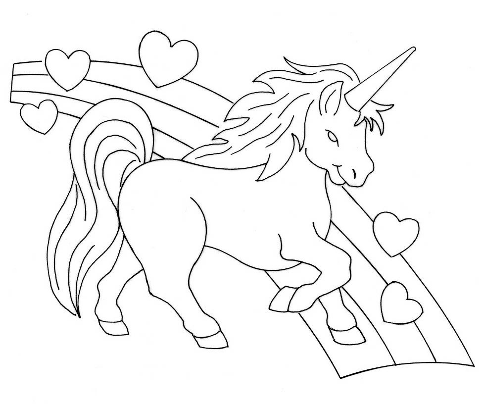 Disegno Unicorno al galoppo su un arcobaleno con cuori da colorare Disegno Unicorno al galoppo su un arcobaleno con cuori da colorare