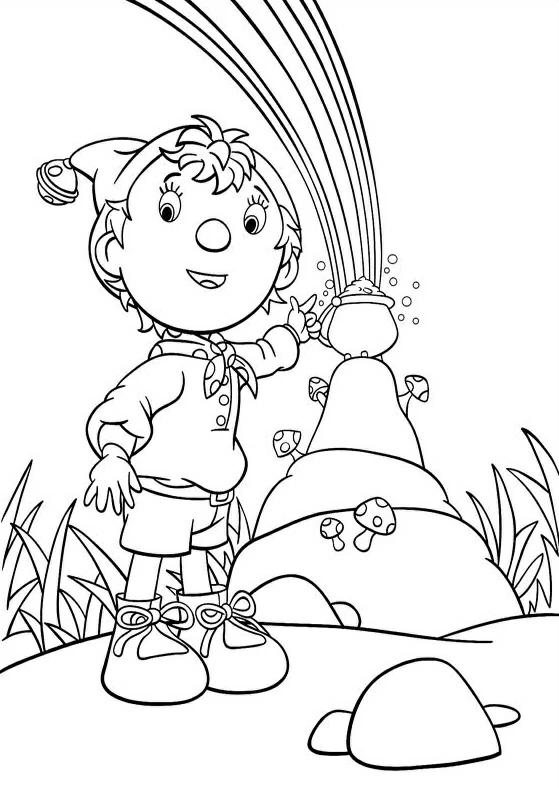 Disegno Noddy con un vaso accanto a un arcobaleno da colorare