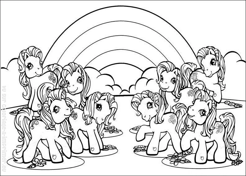 Disegno Pony riuniti sotto un arcobaleno da colorare