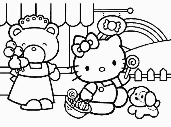 Disegno Hello Kitty con caramelle e un arcobaleno da colorare Disegno Hello Kitty con caramelle e un arcobaleno da colorare