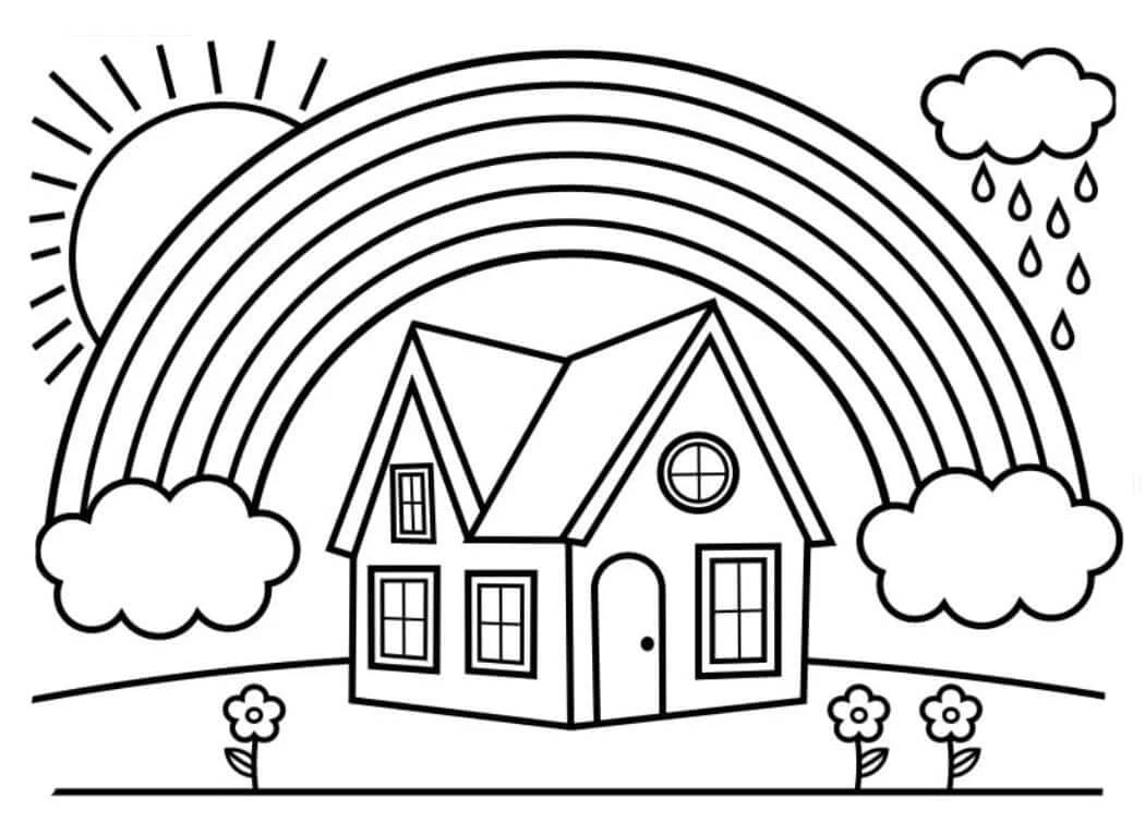 Disegno Casa sotto un arcobaleno con sole e nuvola di pioggia da colorare