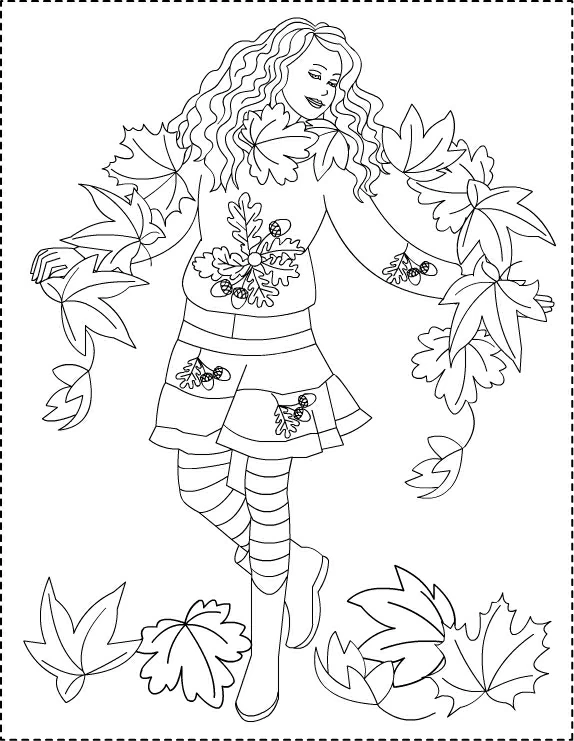 Disegno Ragazza che danza tra le foglie d'autunno da colorare Disegno Ragazza che danza tra le foglie d'autunno da colorare