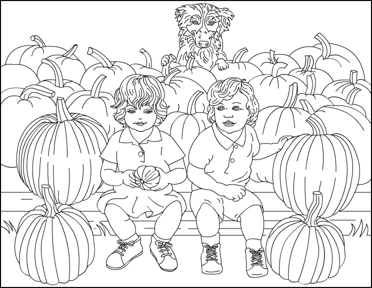 Disegno Due bambini con un cane in un campo di zucche da colorare Disegno Due bambini con un cane in un campo di zucche da colorare
