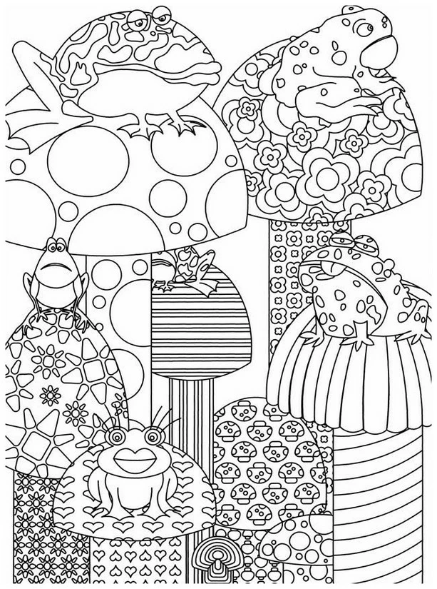 Disegno Rane appollaiate su funghi decorati da colorare